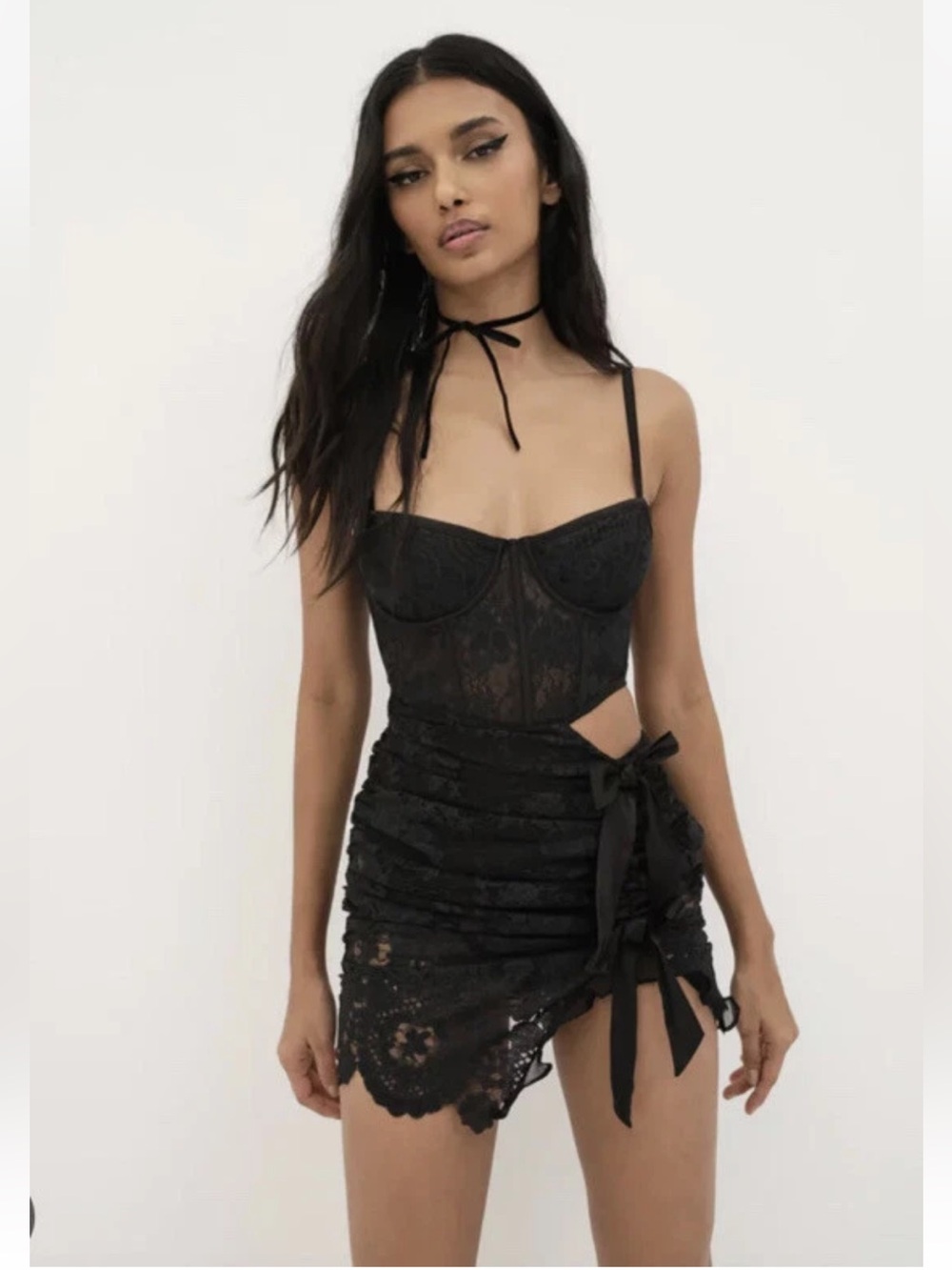 For Love & Lemons Regina Cut-Out Lace Corset Bustier Mini Dress Black Sz M